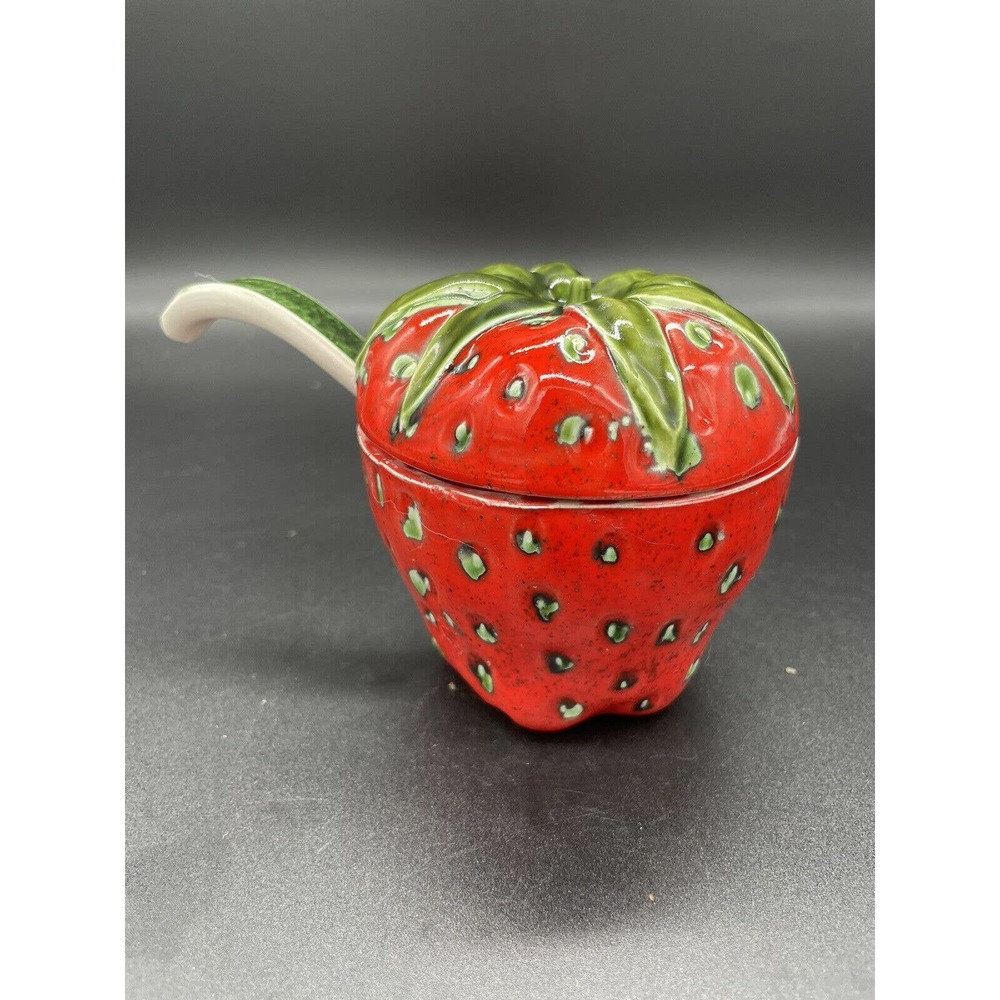 Vintage Ceramic Red Strawberry Shaped Jam Container w/ Lid & Spoon